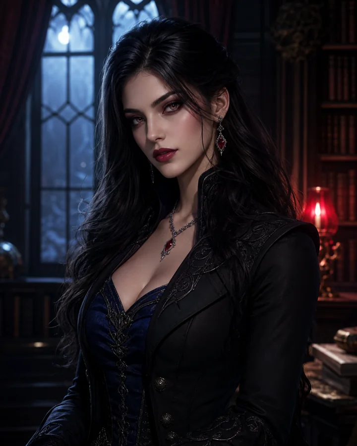 Evelyn Dracula in a candlelit gothic library