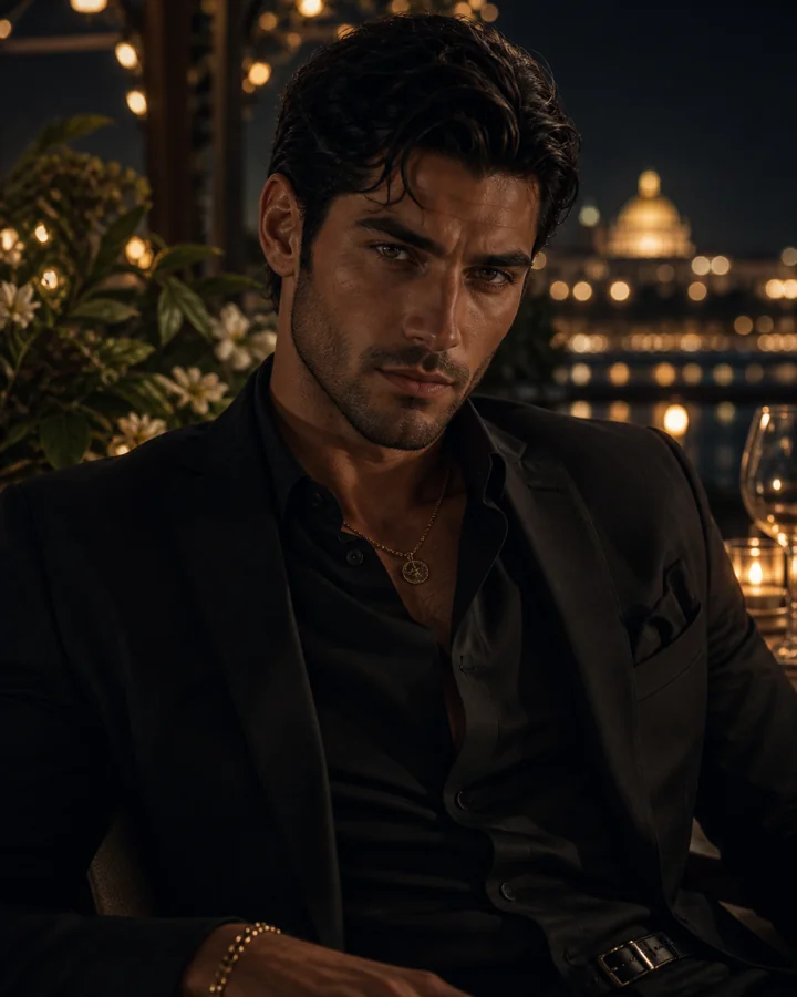 Marco De Luca in a black suit on a city terrace