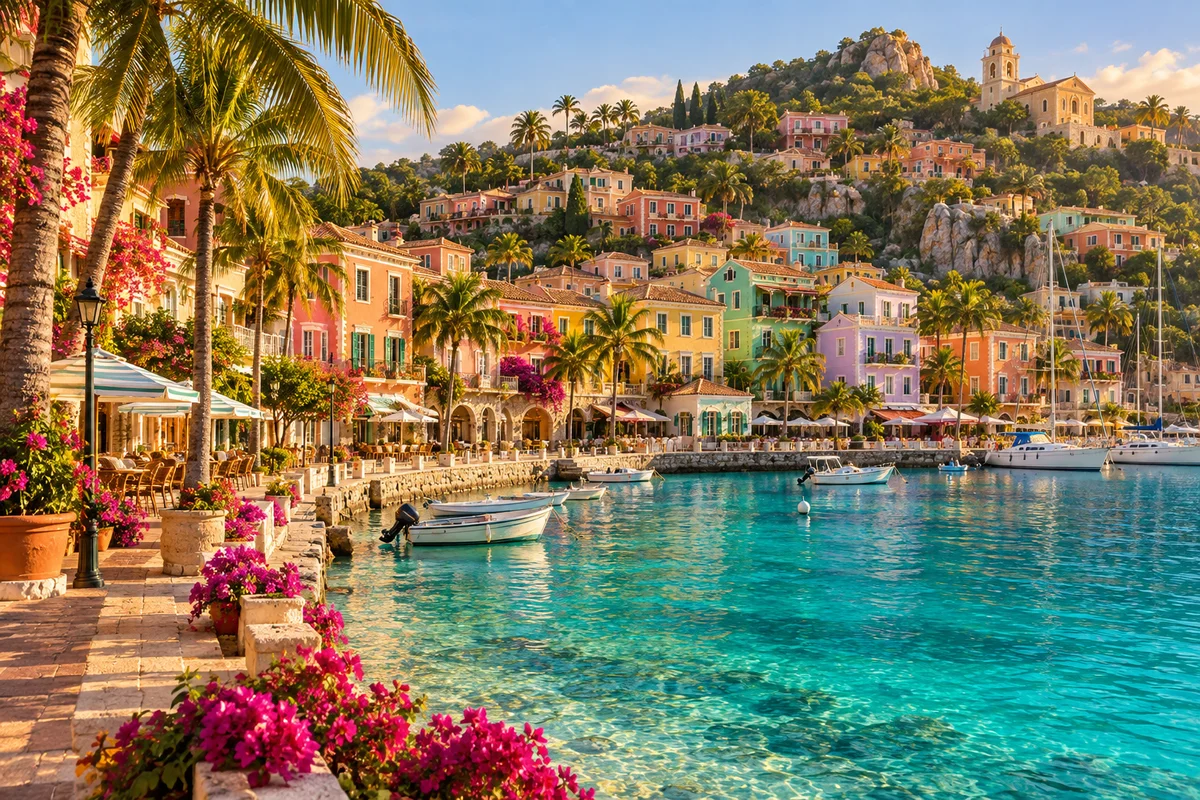 Fruit Island’s colorful sunlit harbor and palm trees